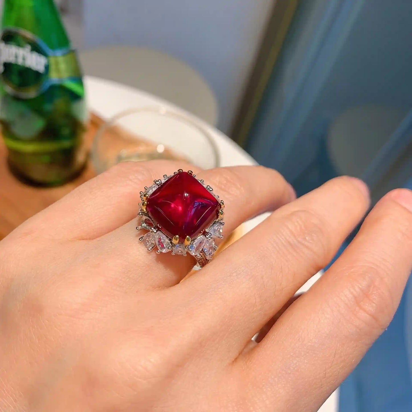 Sugar Tower Engagement Ring 14*14 925 Silver Ruby
