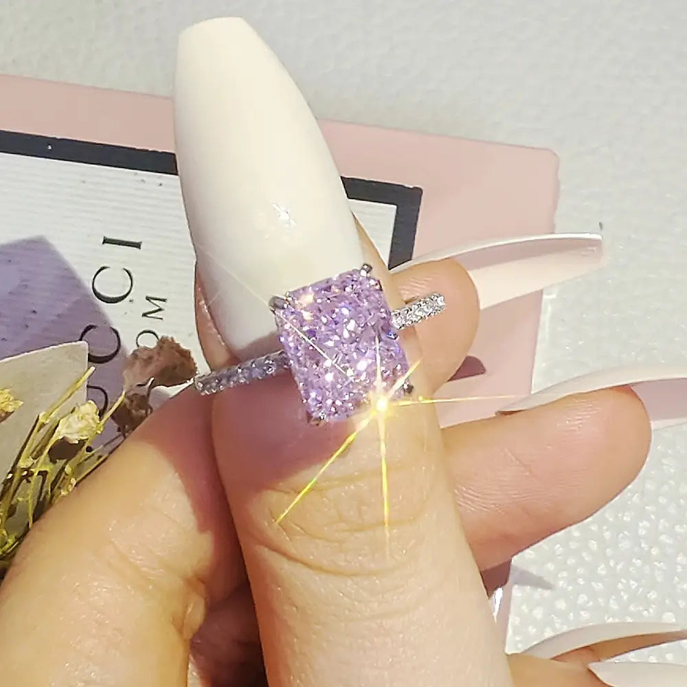 Radiant Engagement Ring 925 Silver Pink High Carbon Diamond