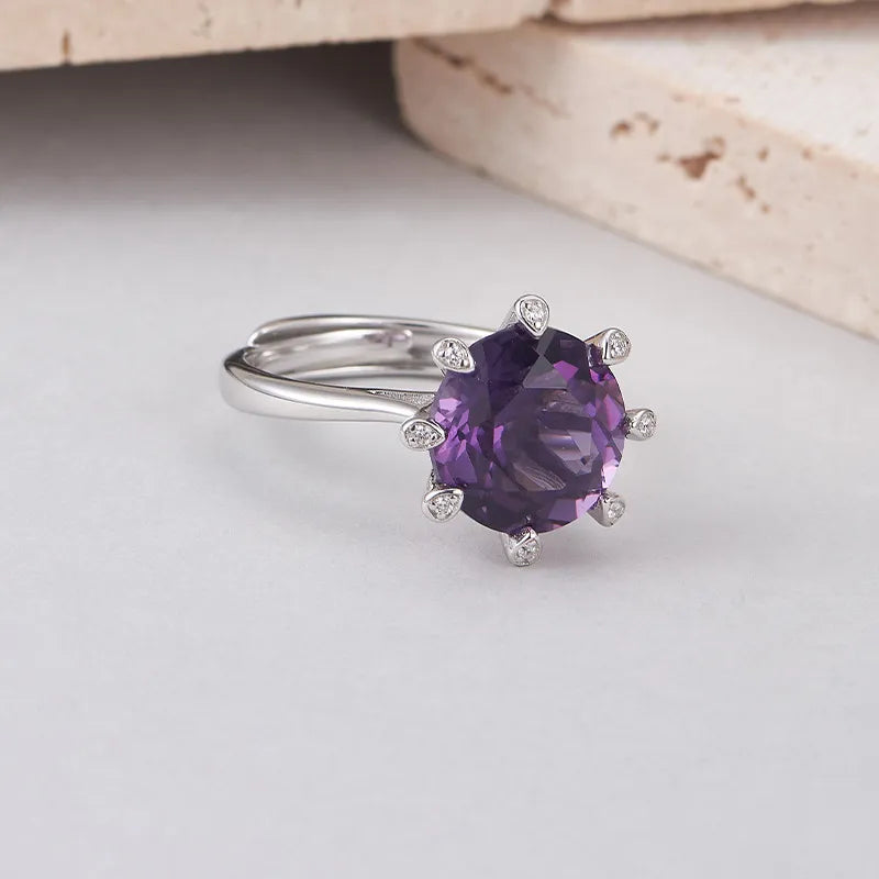 Round Engagement Ring 925 Silver Amethyst Open Ring