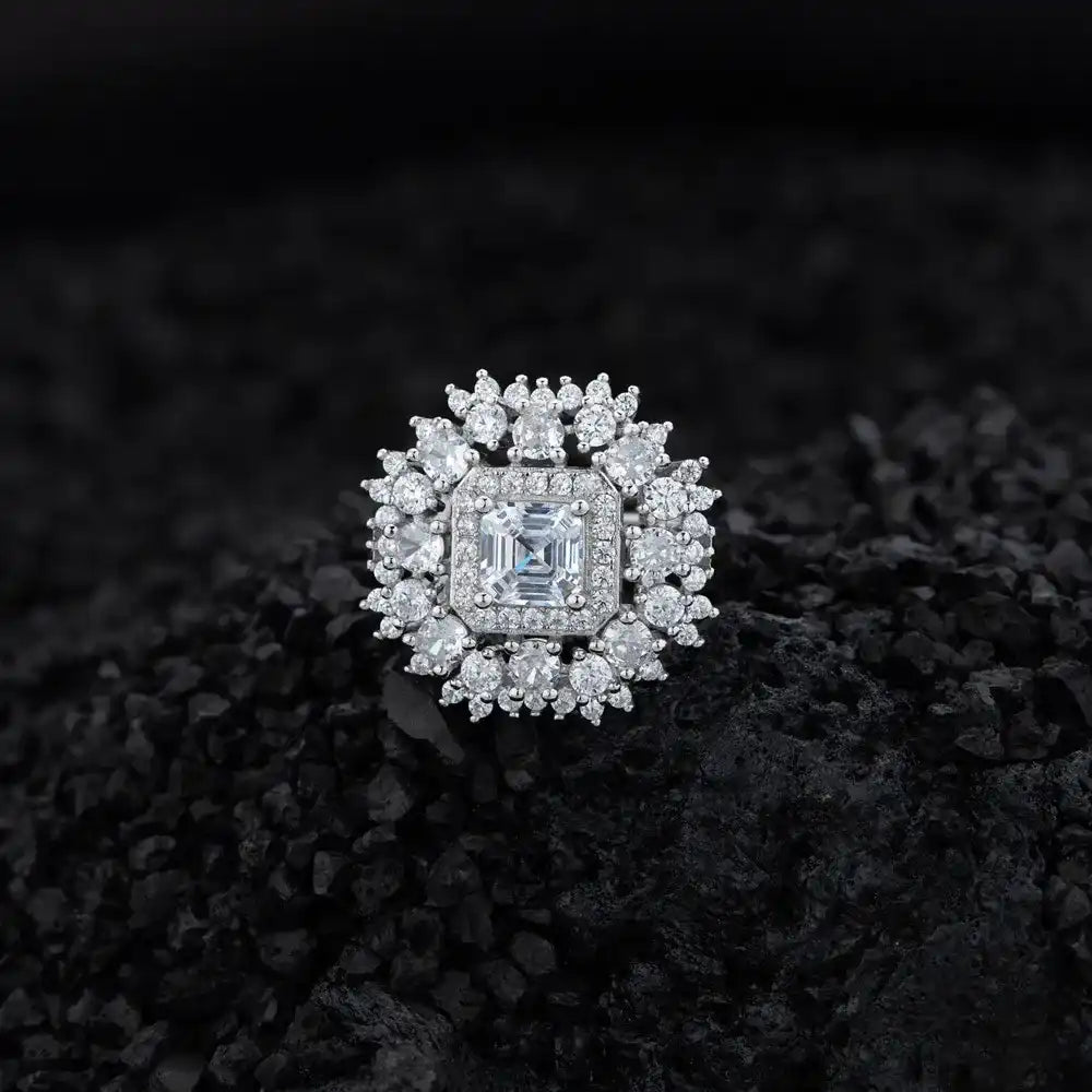 Asscher Engagement Ring 6mm 925 Silver Zircon