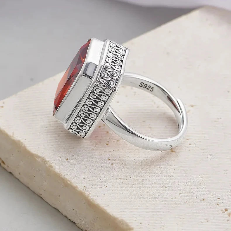 Rectangular Engagement Ring 925 Silver Garnet Open Ring