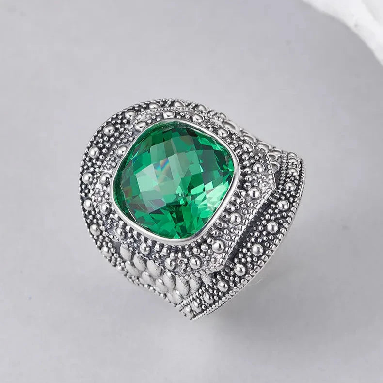 Cushion Engagement Ring 925 Silver Green Zircon Open Ring
