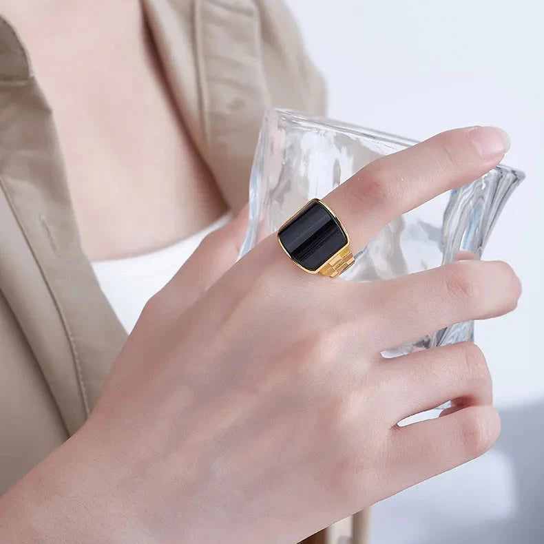 Geometry Engagement Ring 925 Silver Black Onyx Open Ring
