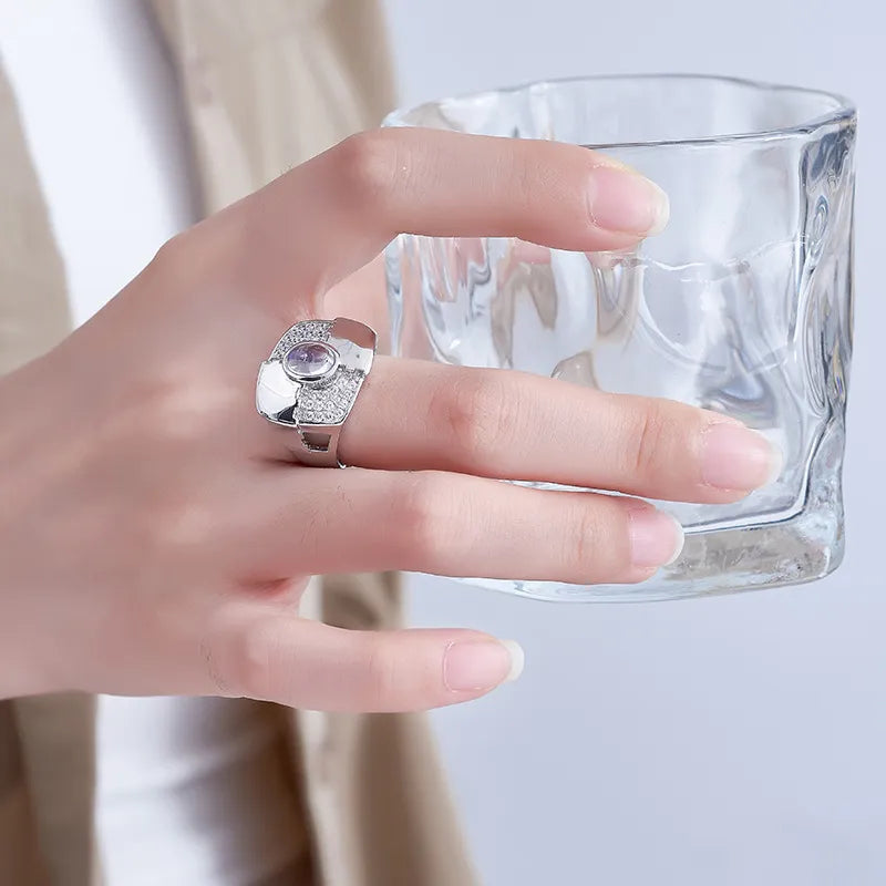 Oval Engagement Ring 925 Silver Moonstone Open Ring