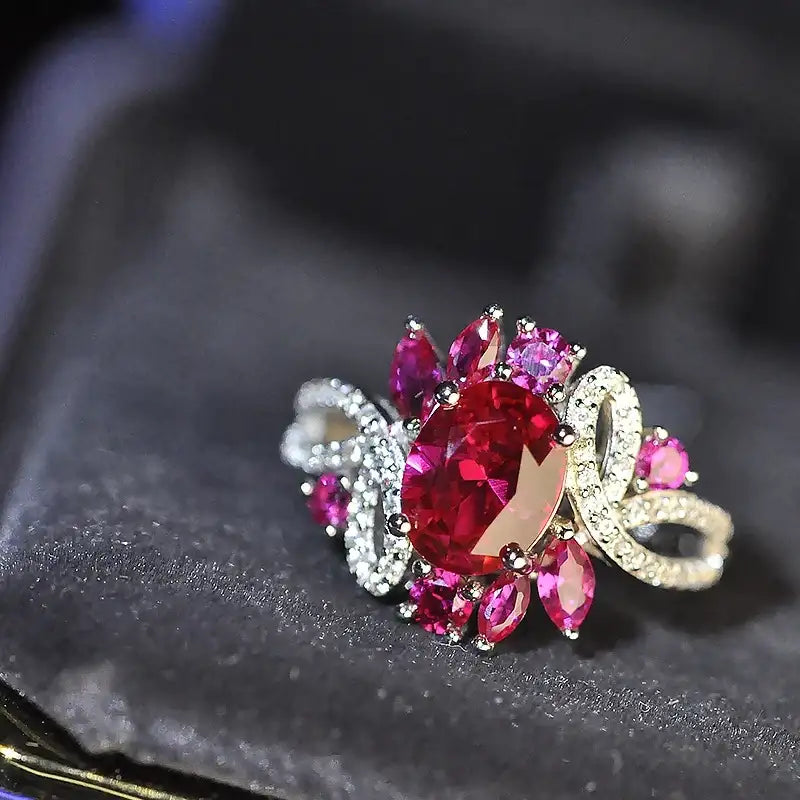 Red Oval Engagement Ring 925 Silver Ruby