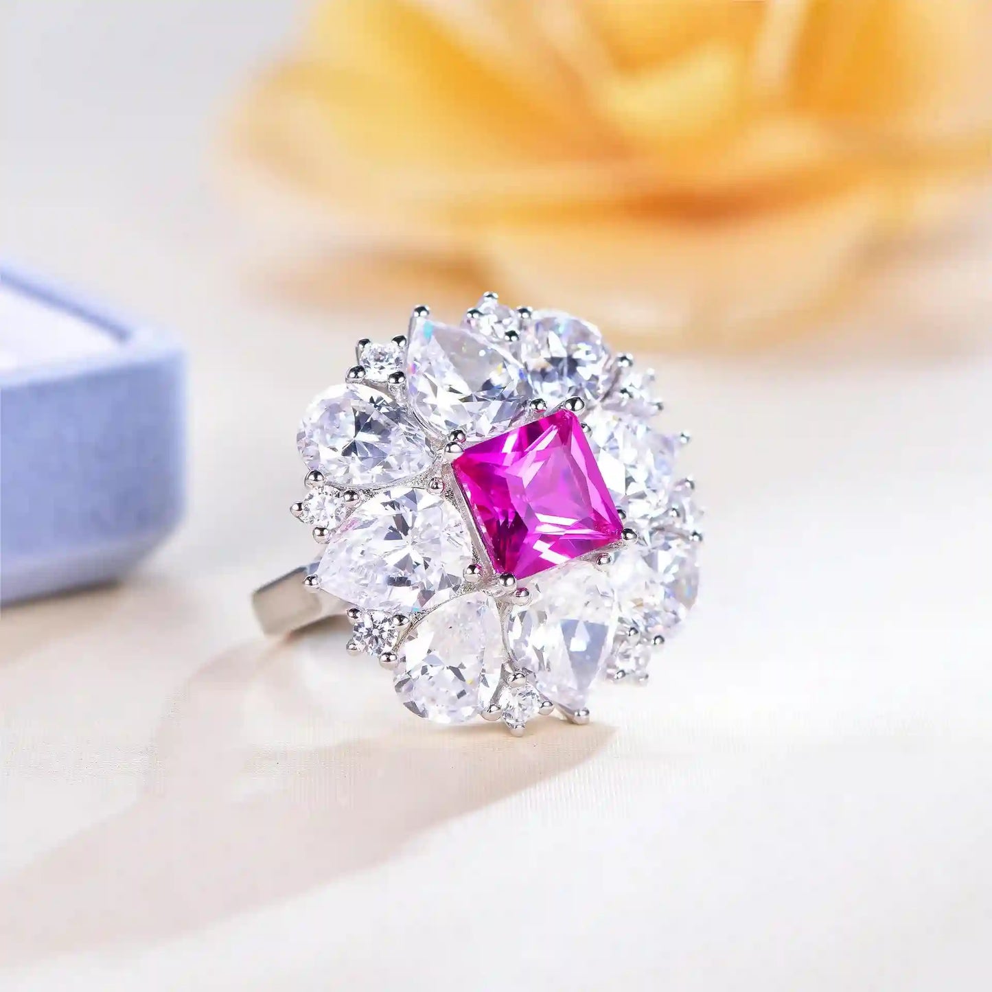 Princess Engagement Ring 925 Silver Synthetic Pink Sapphire