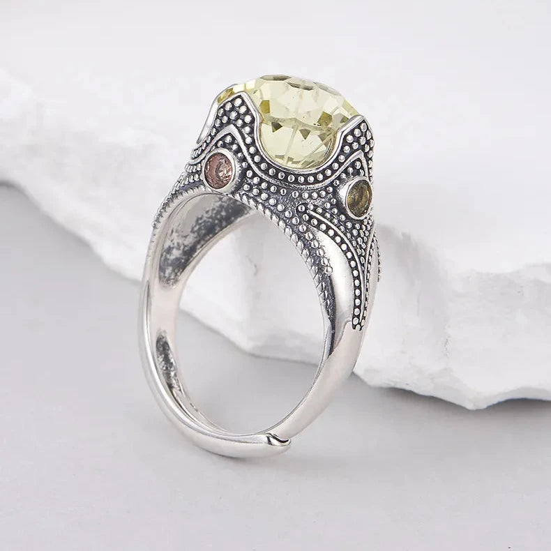 Round Engagement Ring 925 Silver Lemon crystal