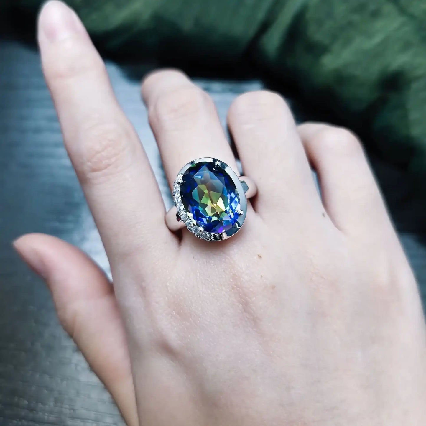 Oval Engagement Ring 925 Silver Blue Crystal