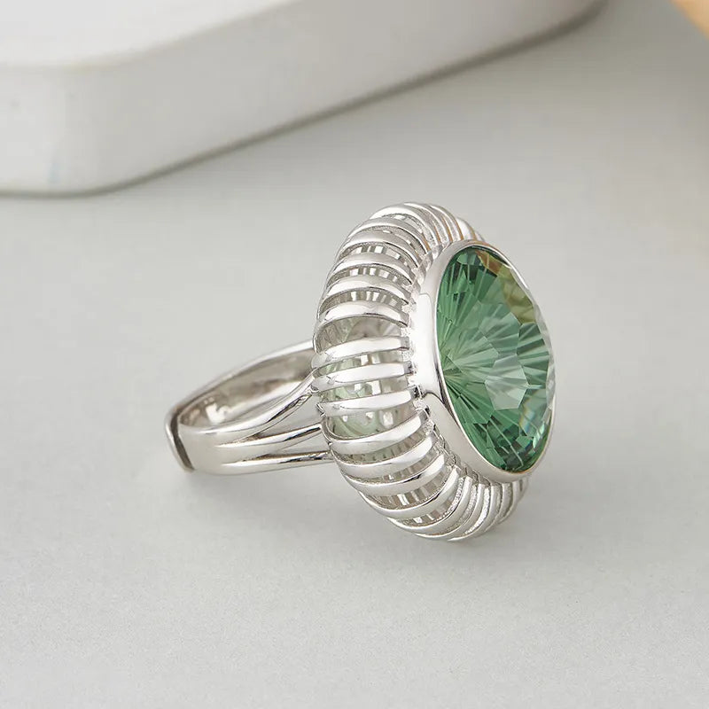 Round Engagement Ring 5*5mm 925 Silver Synthetic Green Crystal