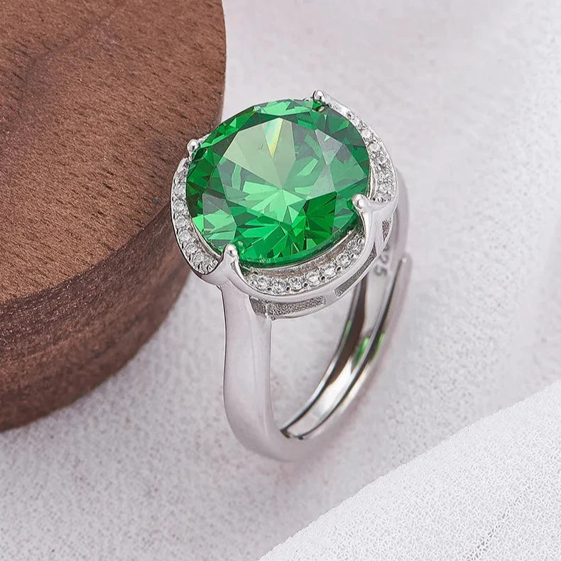 Round Engagement Ring 925 Silver Green Zircon Open Ring