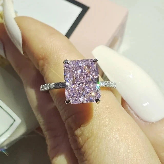 Radiant Engagement Ring 925 Silver Pink High Carbon Diamond
