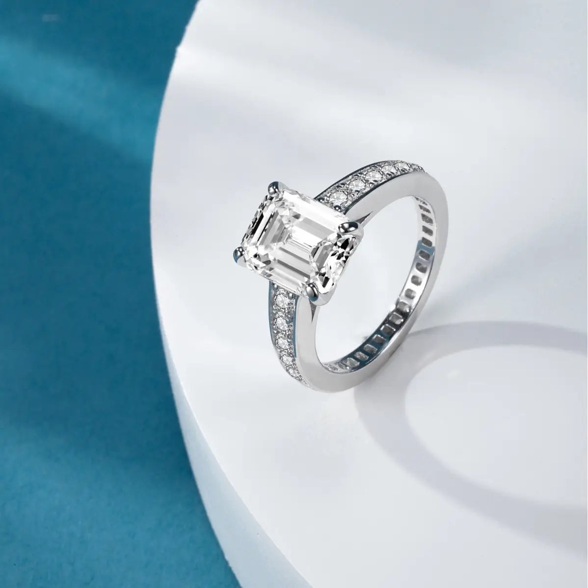 Emerald Engagement Ring 925 Silver High Carbon Diamond