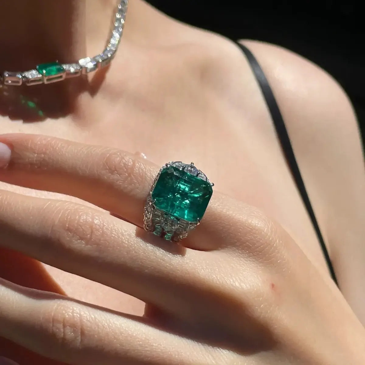 Emerald Engagement Ring 925 Silver High Carbon Diamond