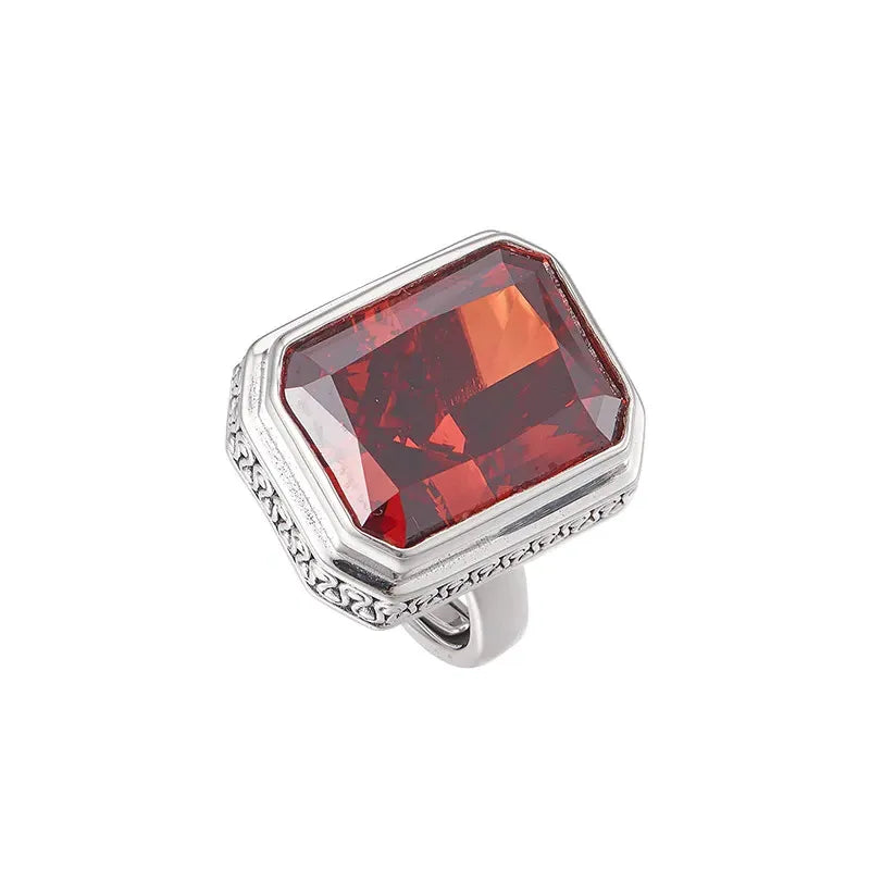 Rectangular Engagement Ring 925 Silver Garnet Open Ring