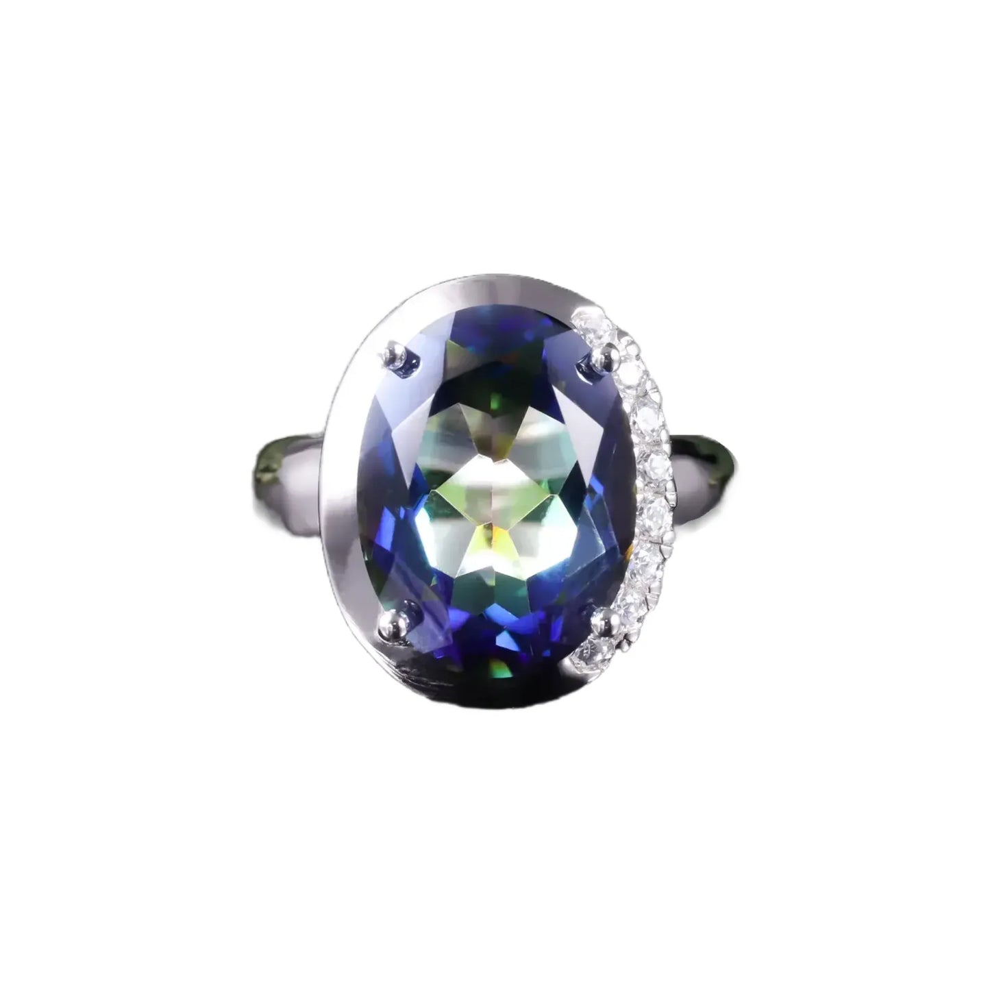 Oval Engagement Ring 925 Silver Blue Crystal