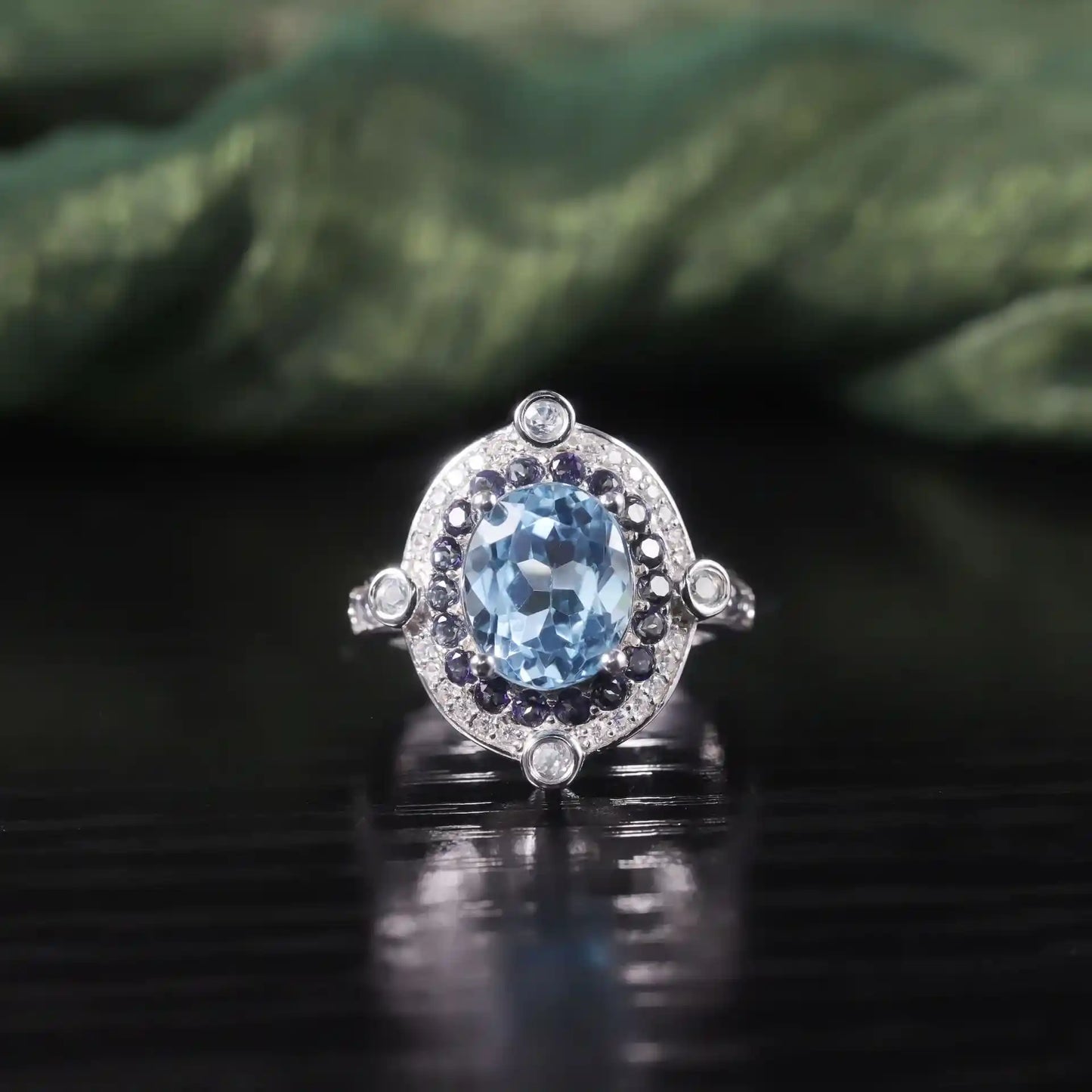 Oval Engagement Ring 925 Silver Blue Topaz