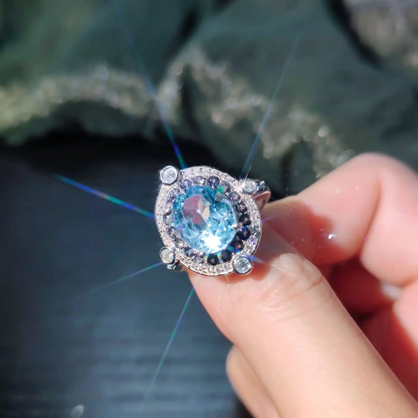Oval Engagement Ring 925 Silver Blue Topaz