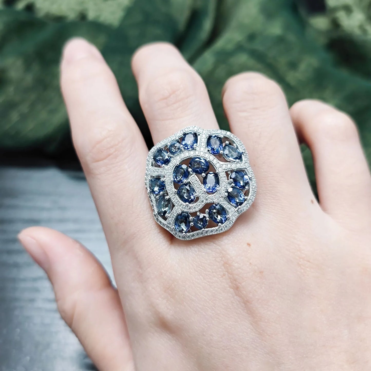 Cluster Setting Engagement Ring 925 Silver Colored Gemstone