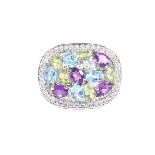 Engagement Ring 925 Silver Cluster Topaz Peridot Amethyst