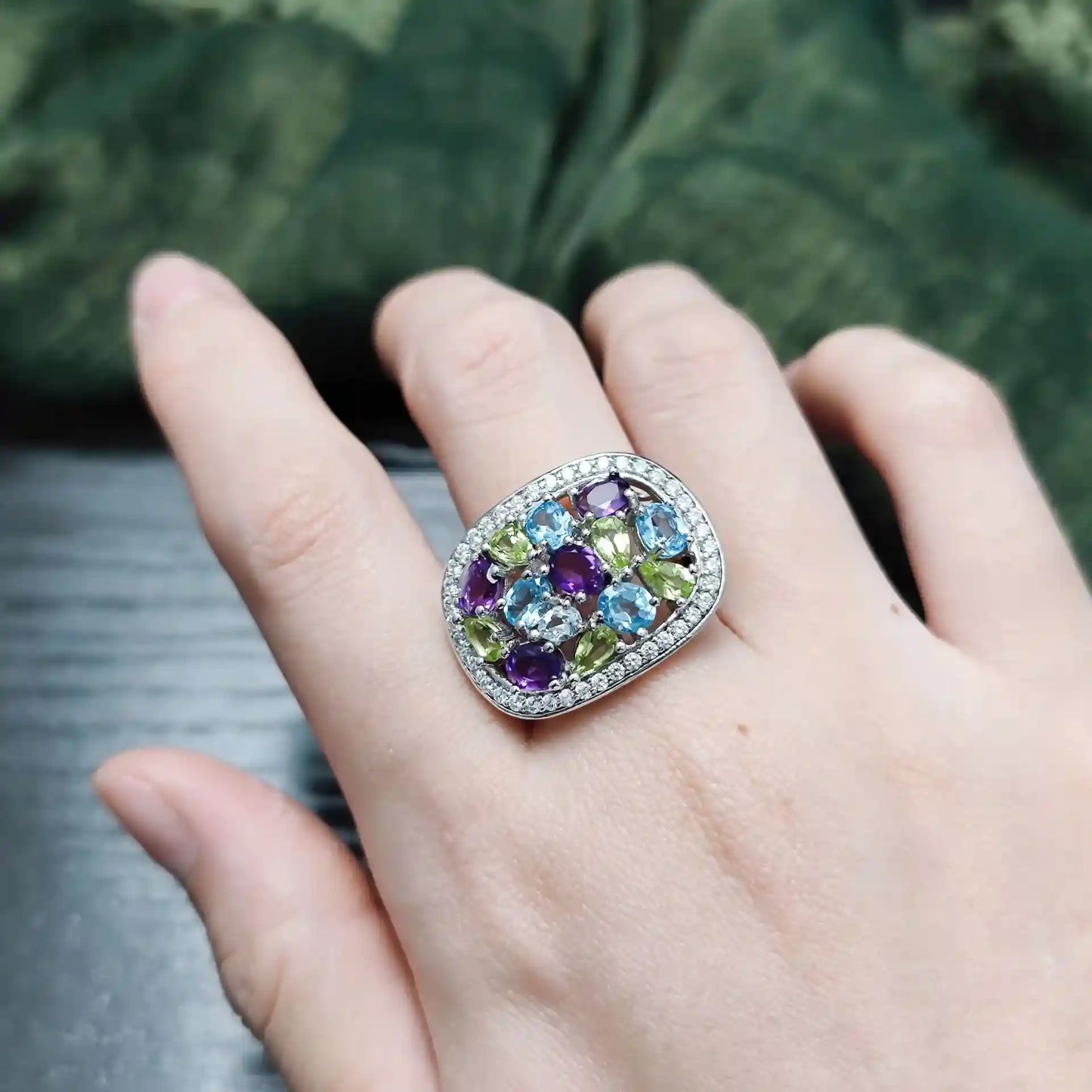 Engagement Ring 925 Silver Cluster Topaz Peridot Amethyst