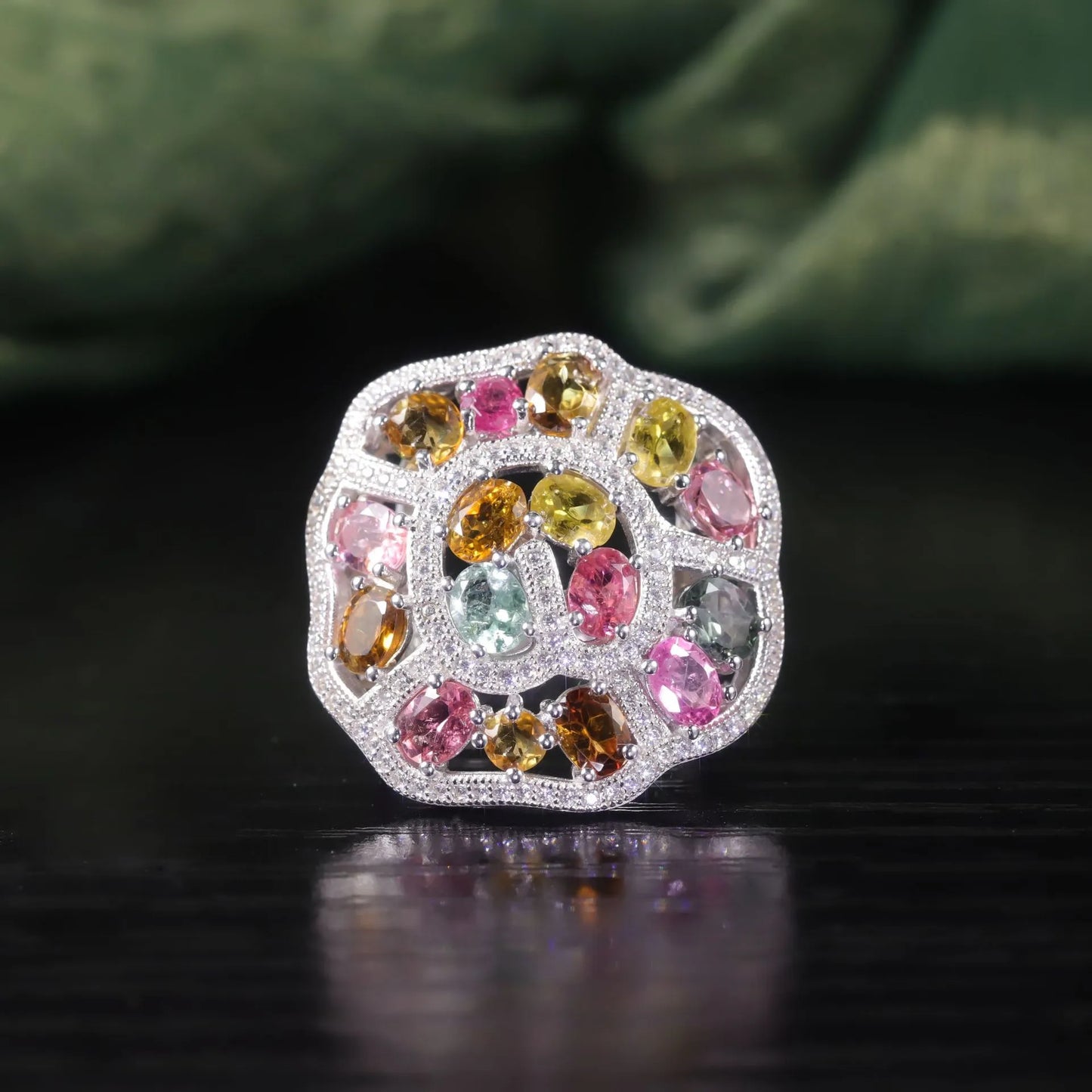 Cluster Setting Engagement Ring 925 Silver Colored Gemstone