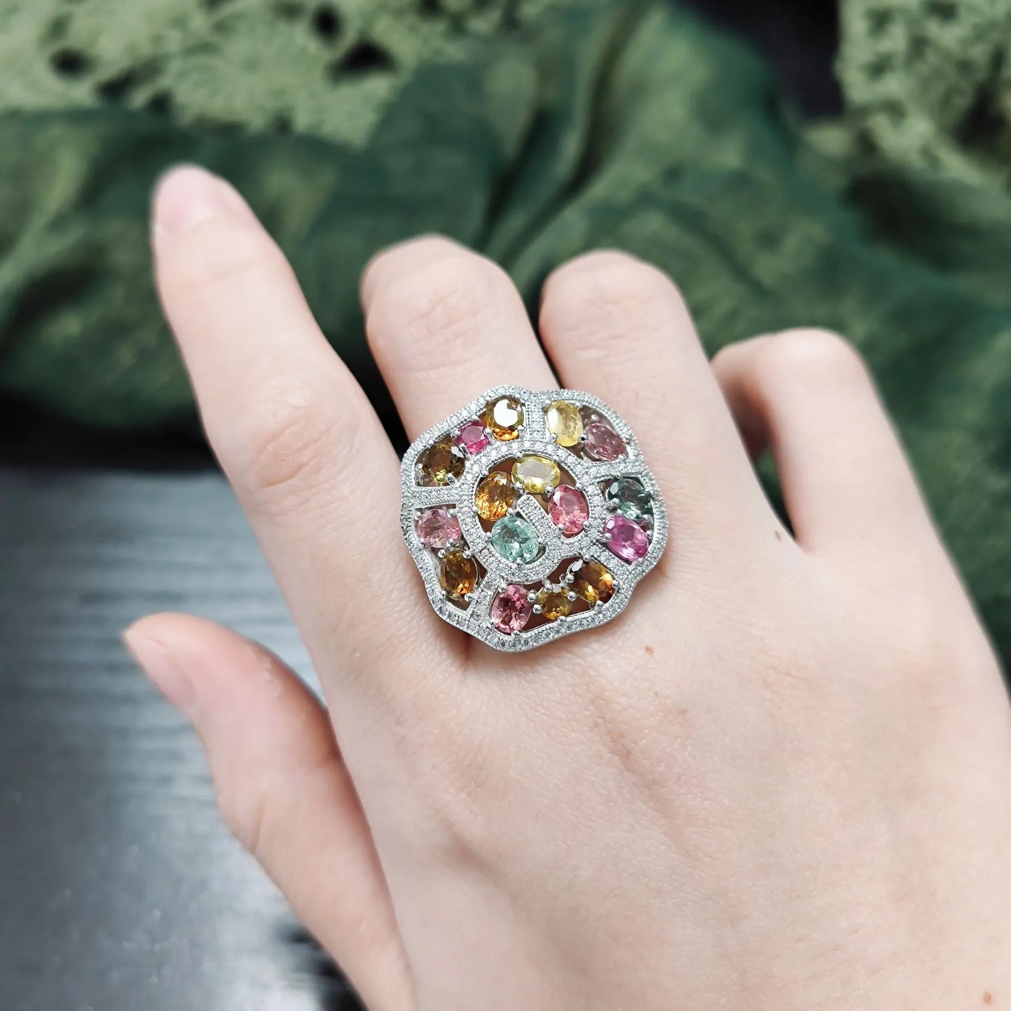 Cluster Setting Engagement Ring 925 Silver Colored Gemstone