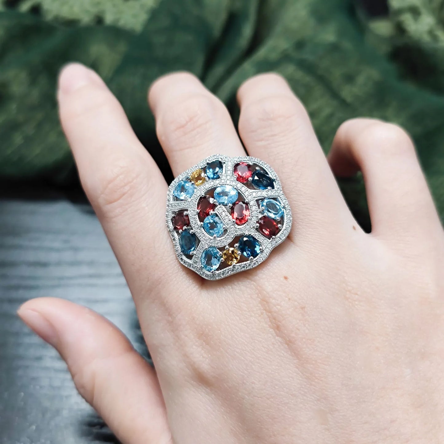 Cluster Setting Engagement Ring 925 Silver Colored Gemstone