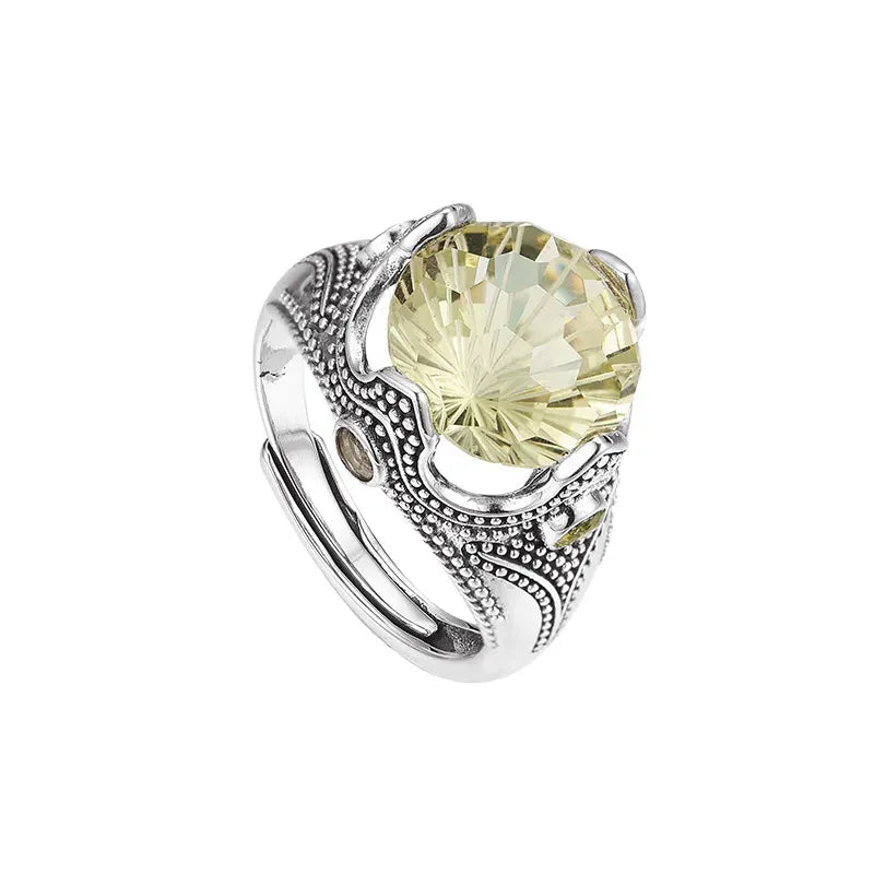 Round Engagement Ring 925 Silver Lemon crystal