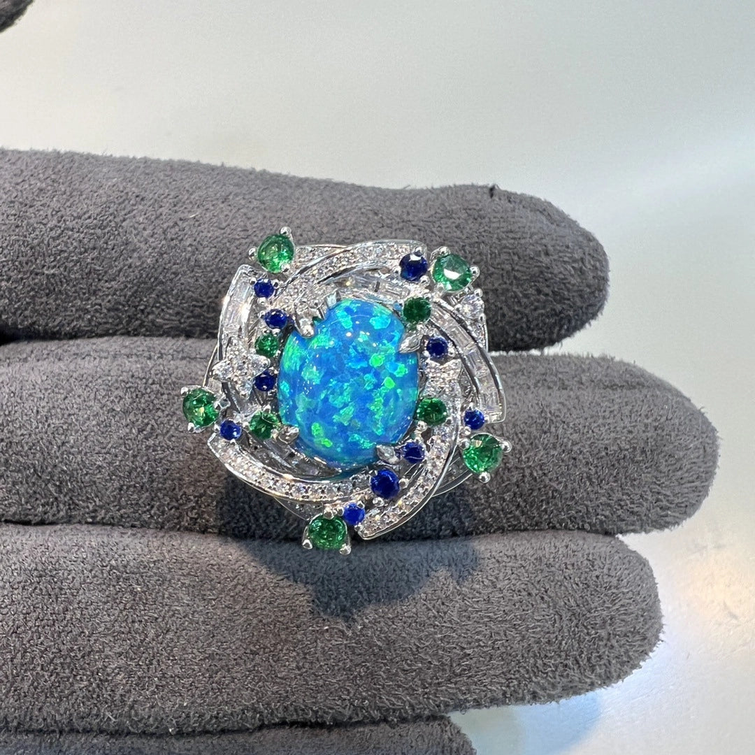 Oval Engagement Ring 925 Silver High Carbon Diamond Opal