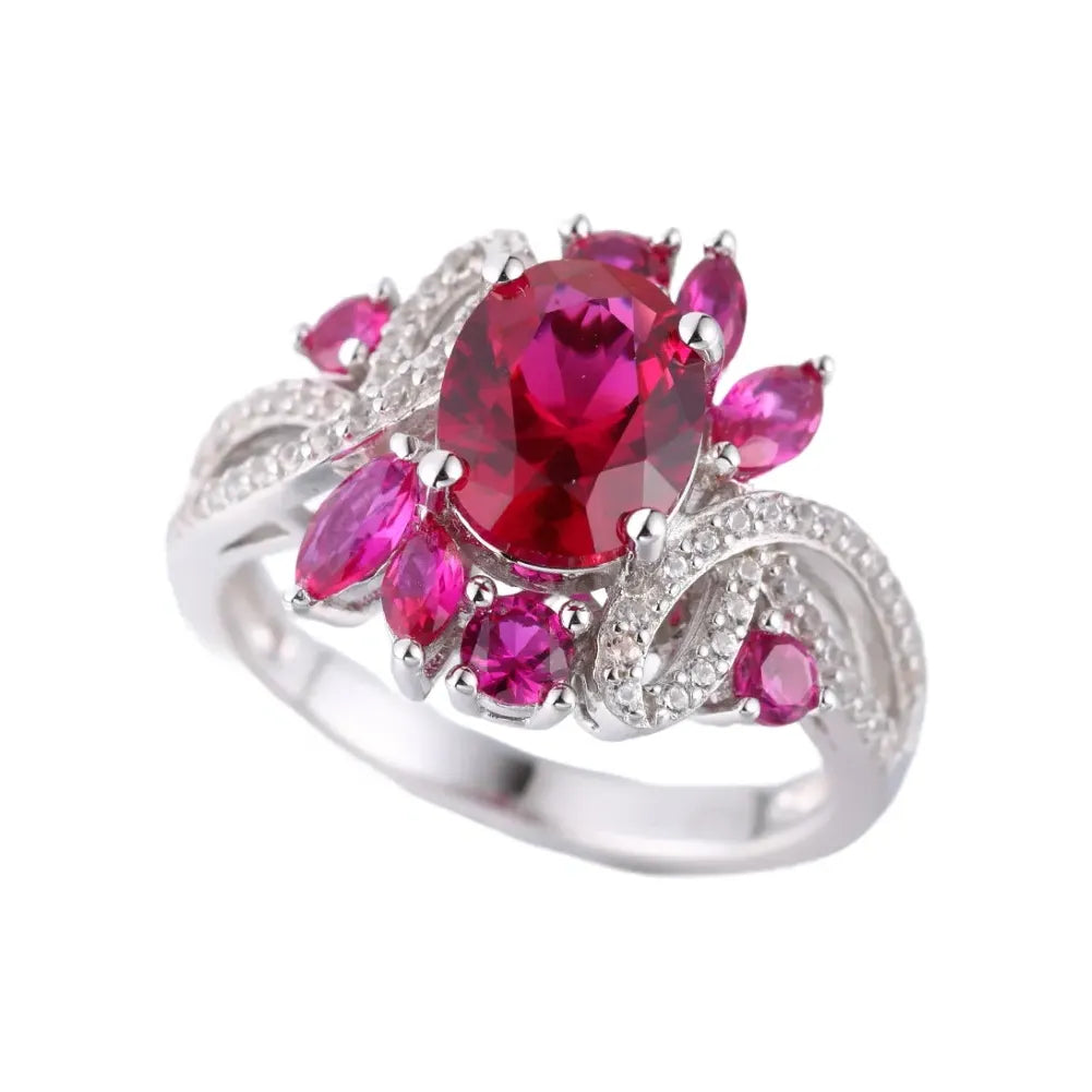 Red Oval Engagement Ring 925 Silver Ruby
