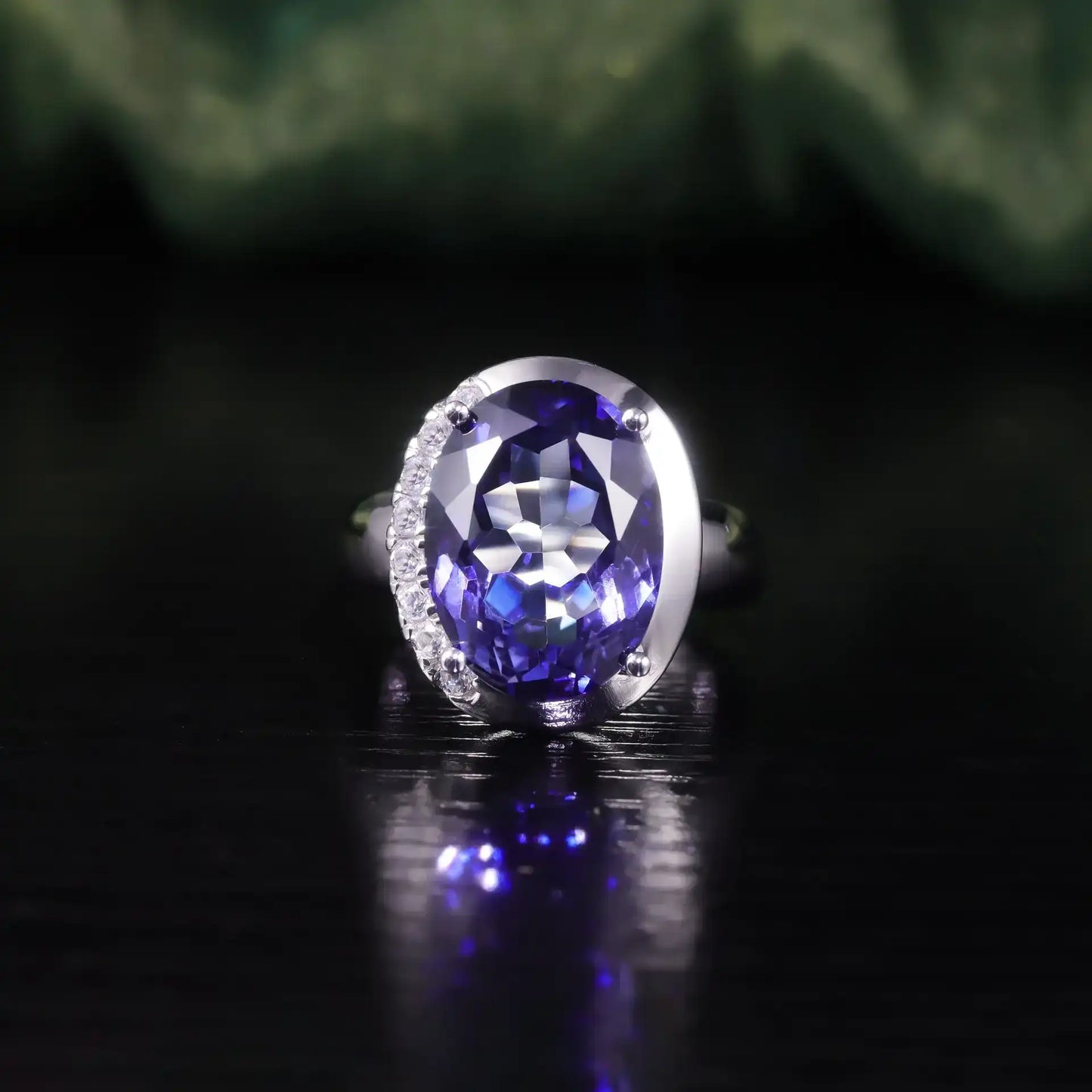 Oval Engagement Ring 925 Silver Blue Crystal