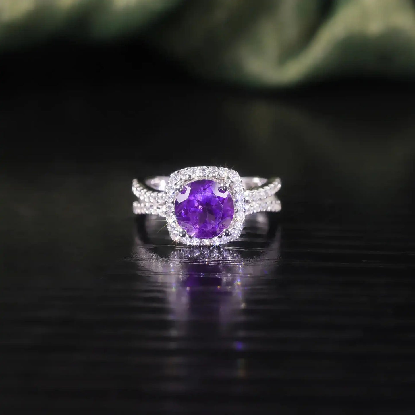 Round Engagement Ring 925 Silver Amethyst