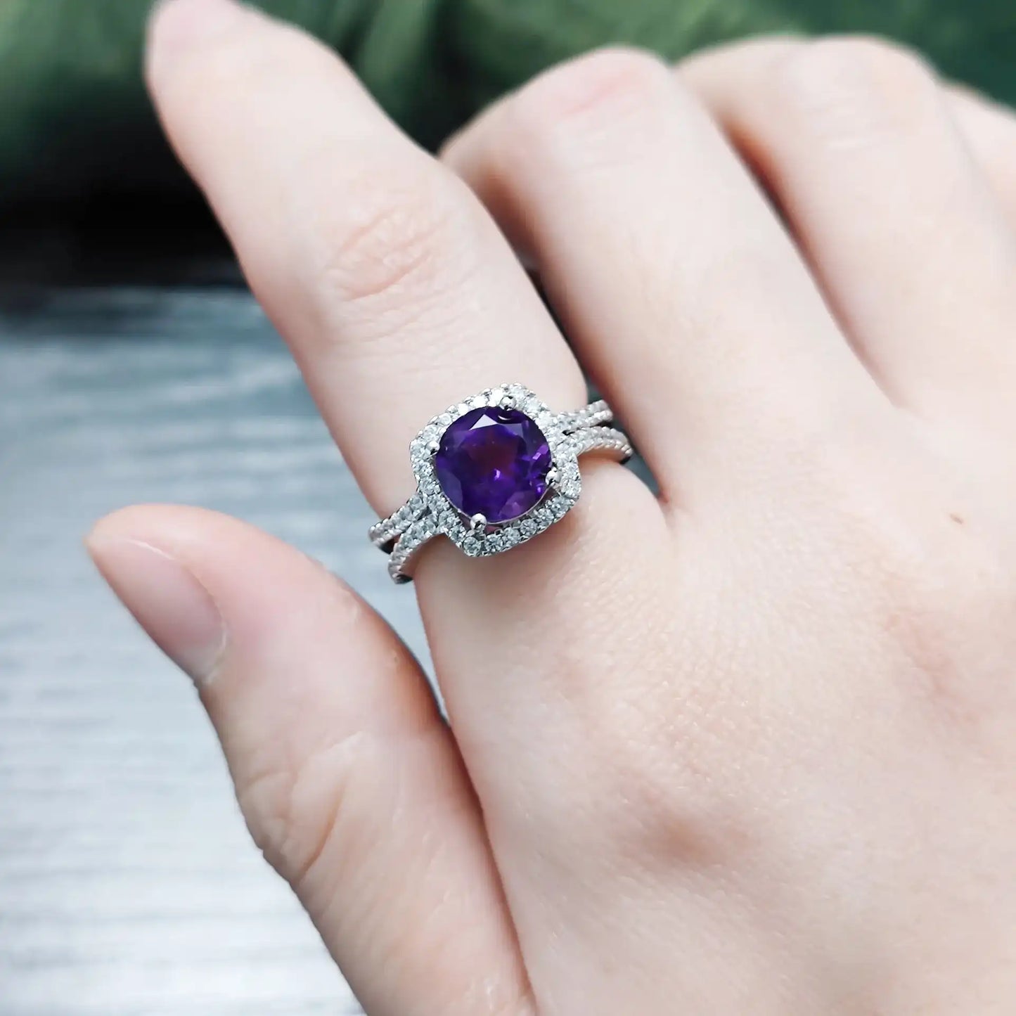 Round Engagement Ring 925 Silver Amethyst