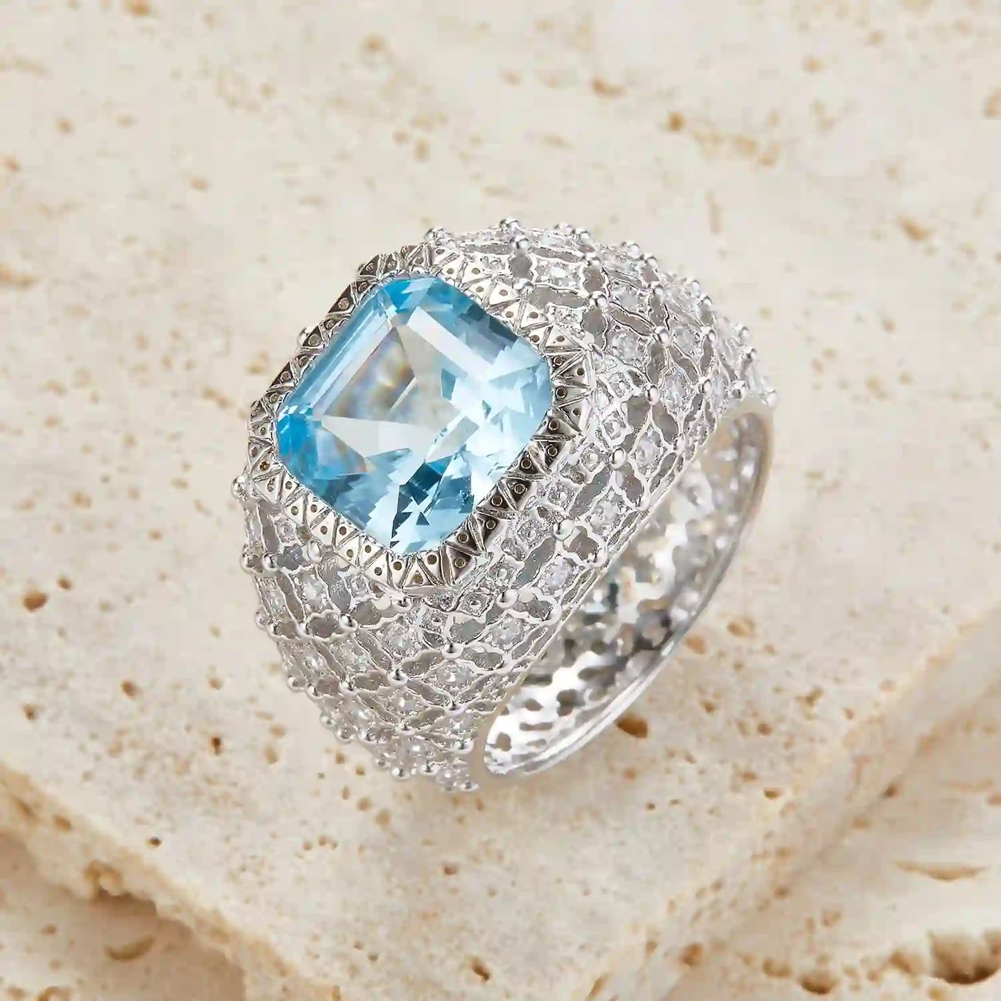Asscher Engagement Ring 925 Silver Topaz