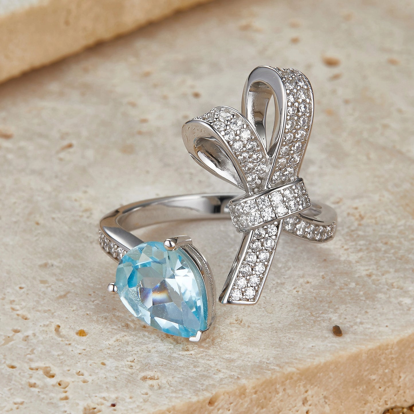 Pear Engagement Ring 925 Silver Topaz Open Ring