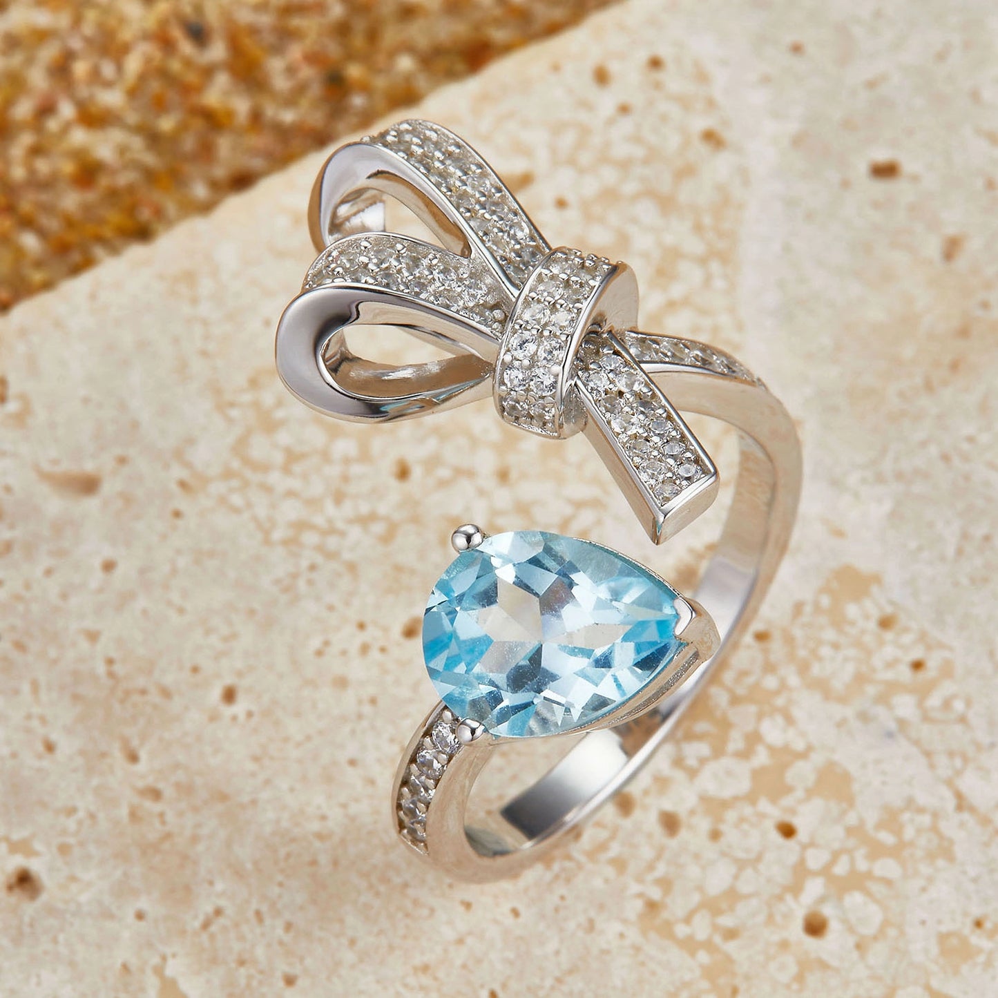 Pear Engagement Ring 925 Silver Topaz Open Ring