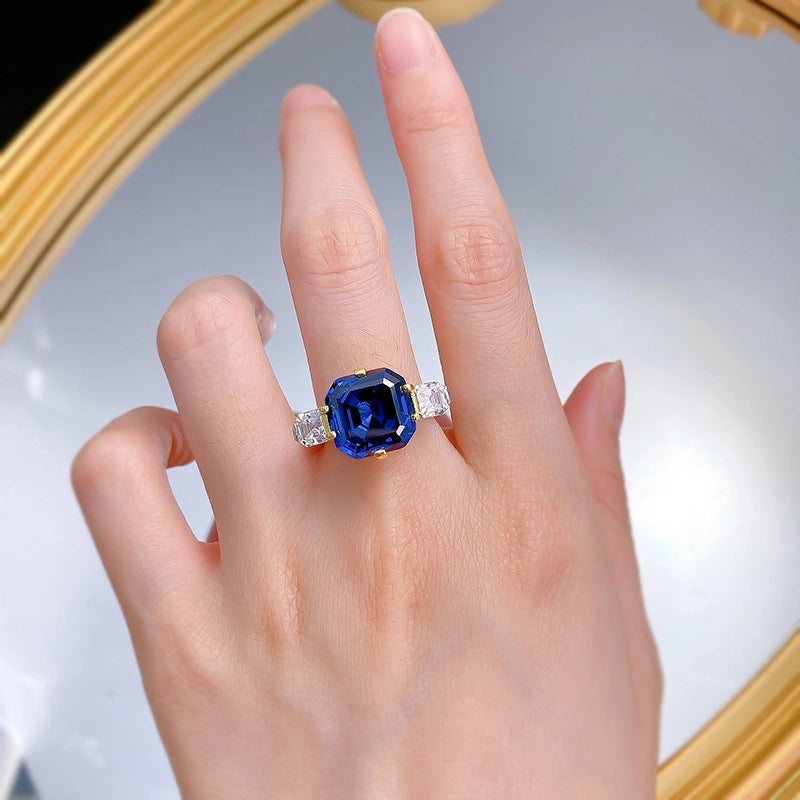 Asscher Engagement Ring 12*12 925 Silver Sapphire