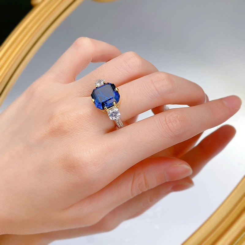 Asscher Engagement Ring 12*12 925 Silver Sapphire