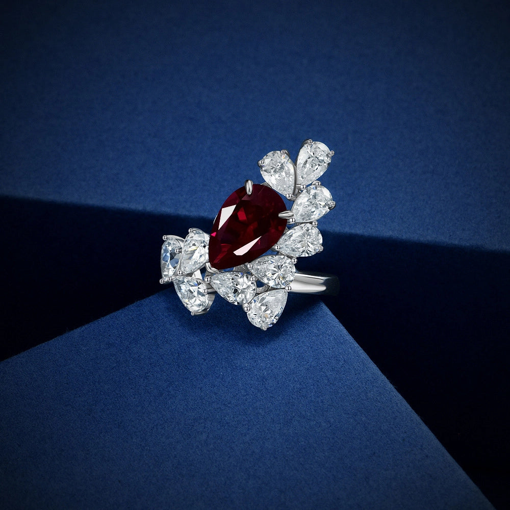 Pear Engagement Ring 8*12 925 Silver Ruby