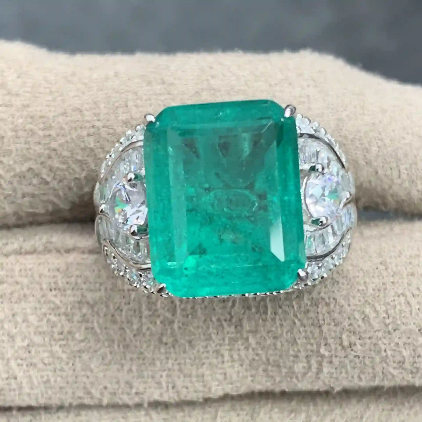 Emerald Engagement Ring 925 Silver High Carbon Diamond