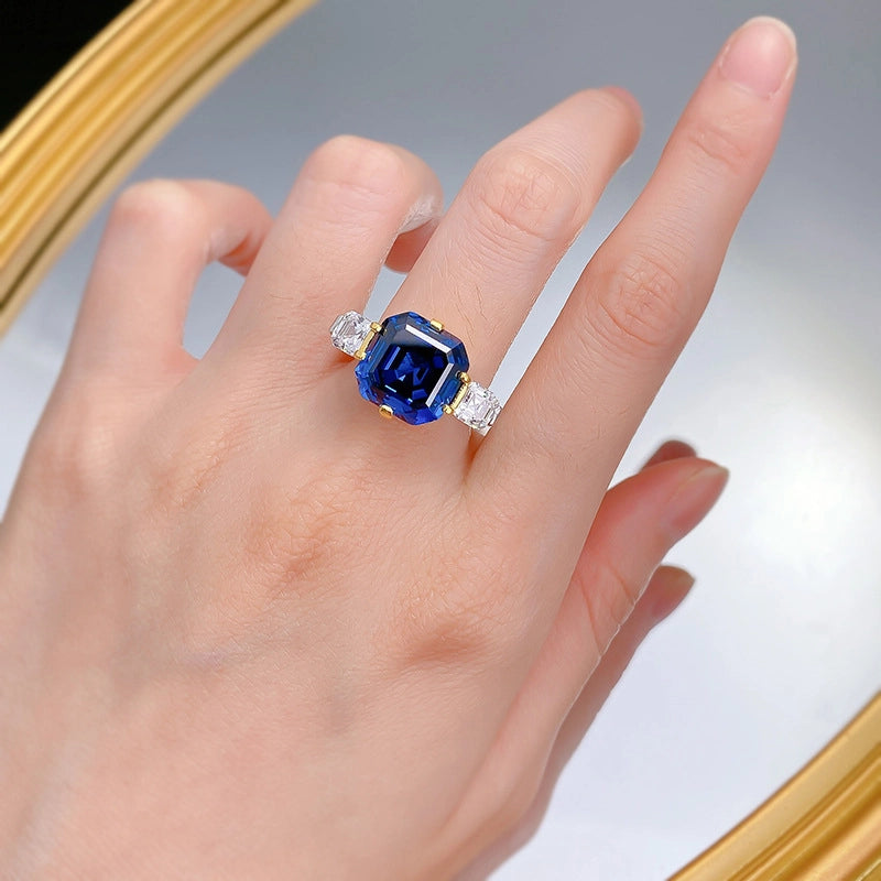 Asscher Engagement Ring 12*12 925 Silver Sapphire