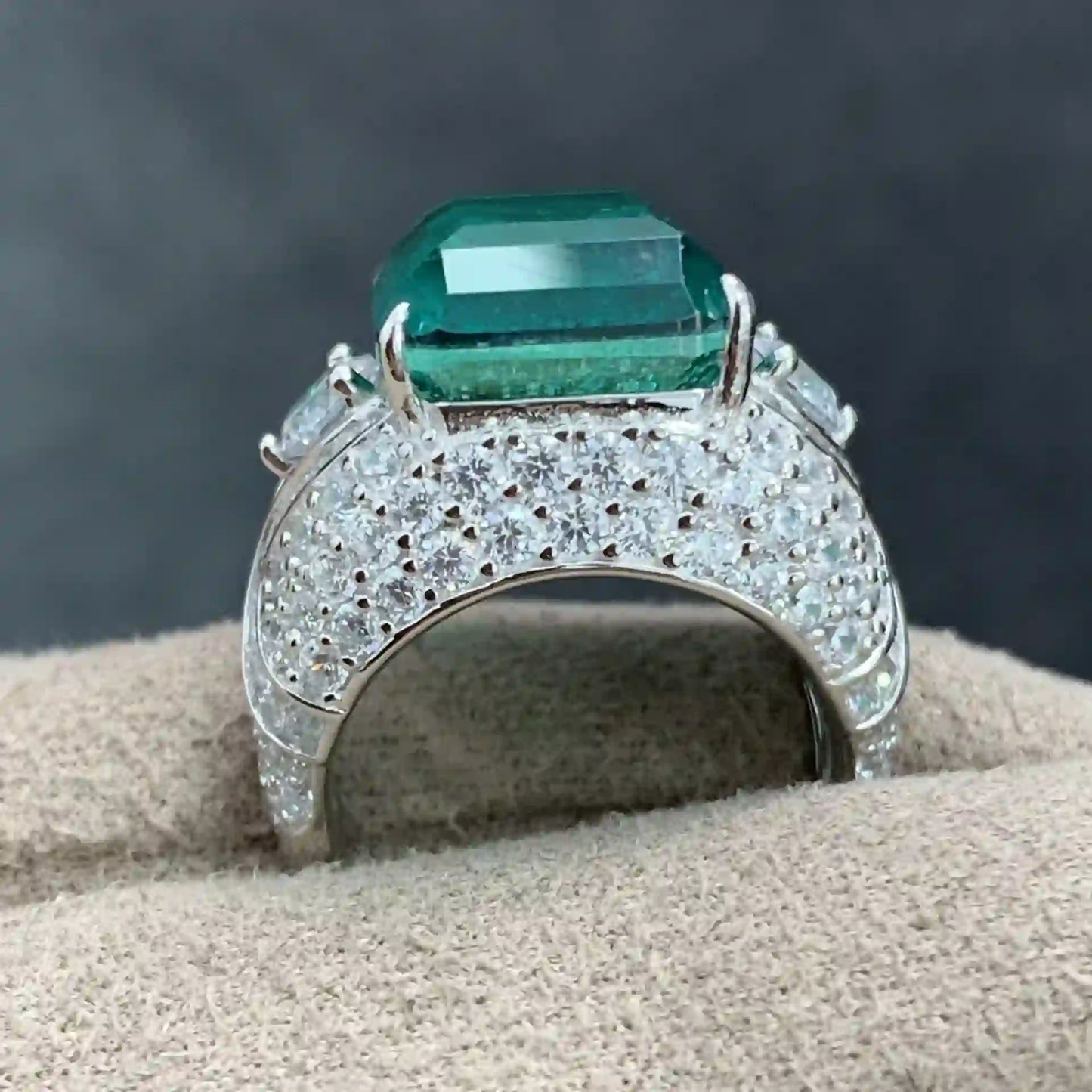 Emerald Engagement Ring 925 Silver High Carbon Diamond