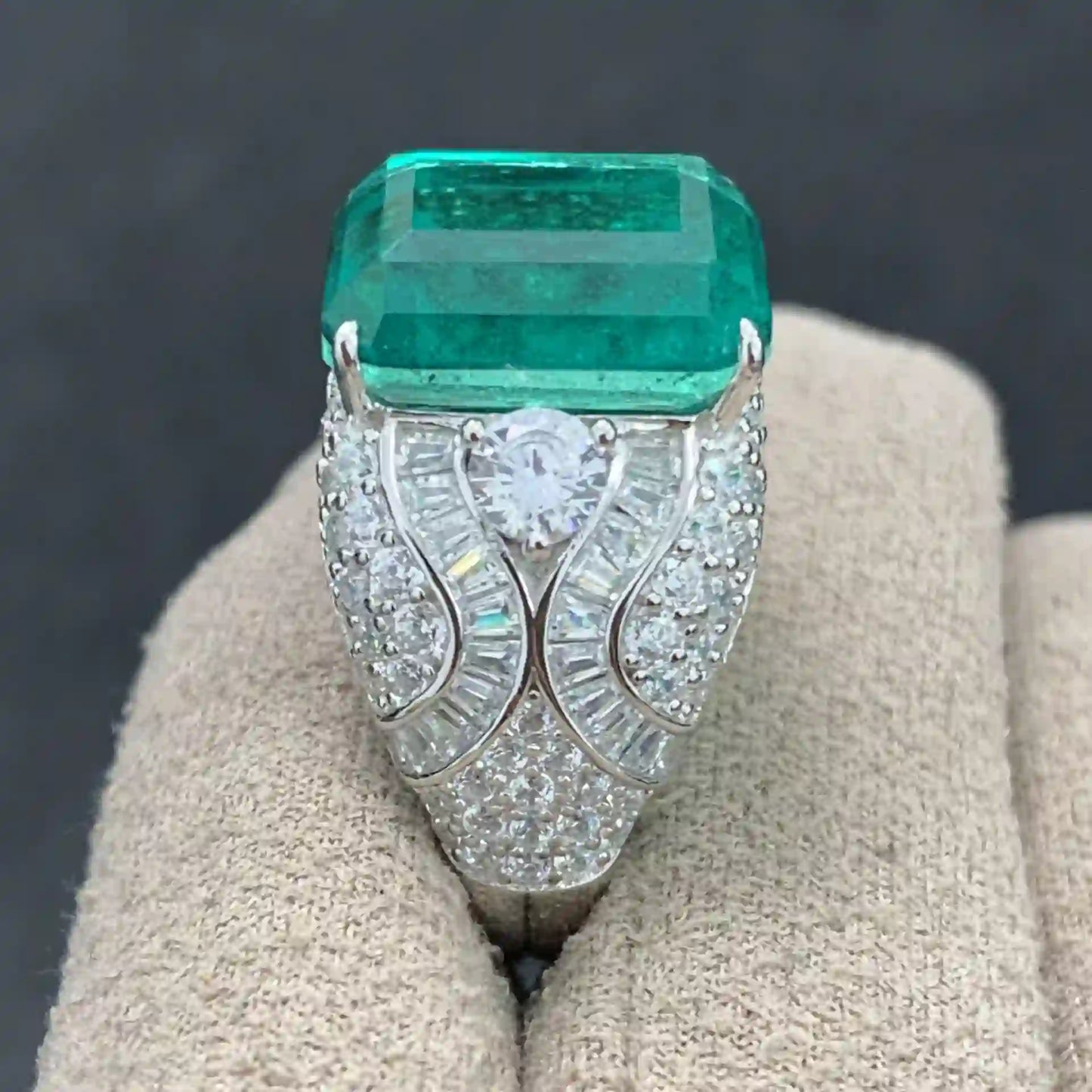 Emerald Engagement Ring 925 Silver High Carbon Diamond