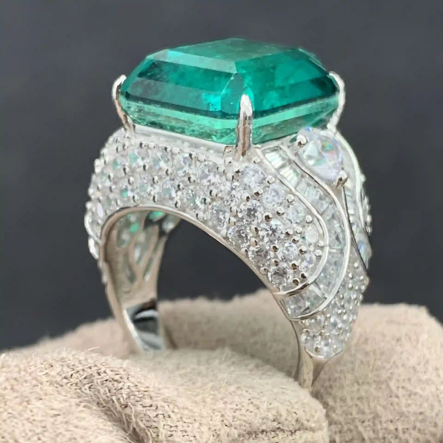 Emerald Engagement Ring 925 Silver High Carbon Diamond