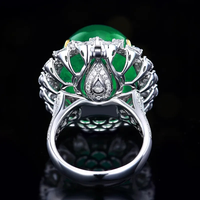 Engagement Ring 18K Gold 36.41ct Afghan Cabochon Emerald Ring