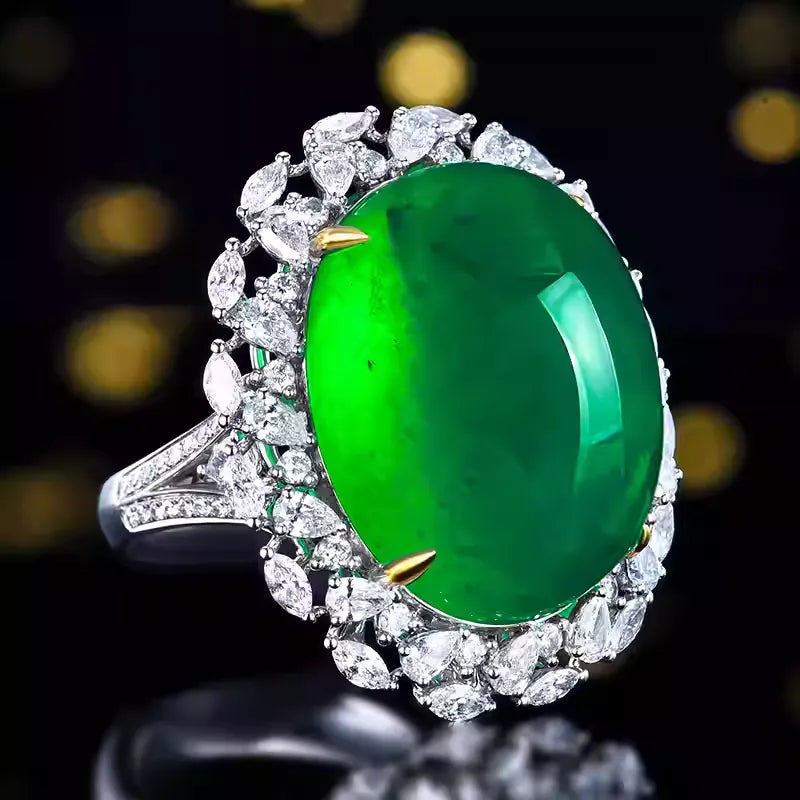 Engagement Ring 18K Gold 36.41ct Afghan Cabochon Emerald Ring