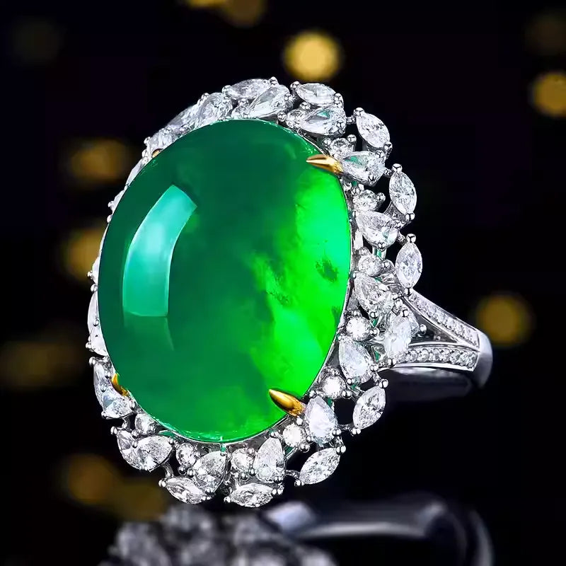 Engagement Ring 18K Gold 36.41ct Afghan Cabochon Emerald Ring