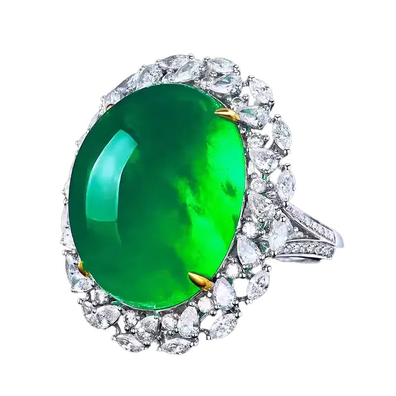Engagement Ring 18K Gold 36.41ct Afghan Cabochon Emerald Ring