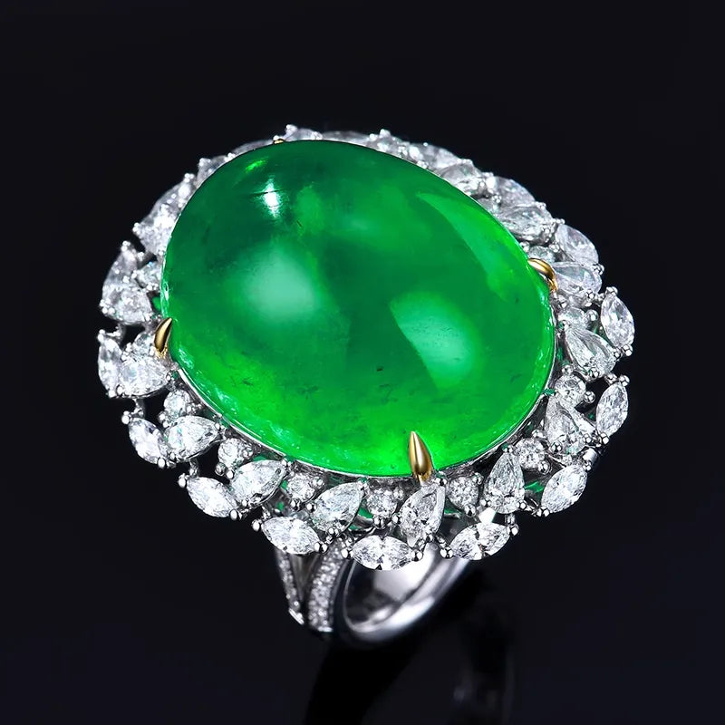 Engagement Ring 18K Gold 36.41ct Afghan Cabochon Emerald Ring