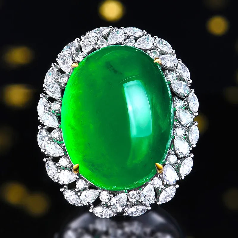 Engagement Ring 18K Gold 36.41ct Afghan Cabochon Emerald Ring
